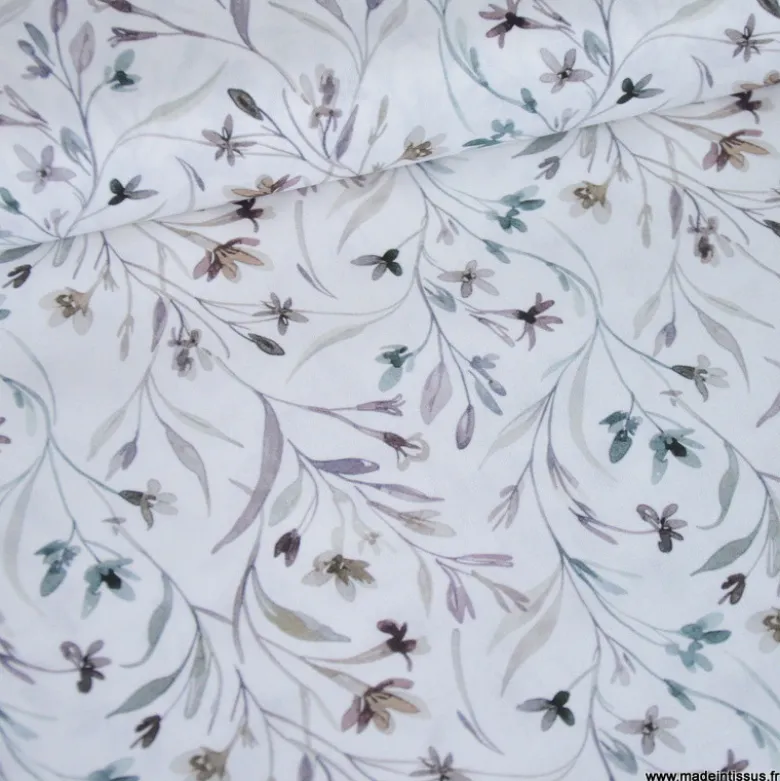 Tissu cretonne coton Ondaline feuillage gris et prune - OEKO TEX