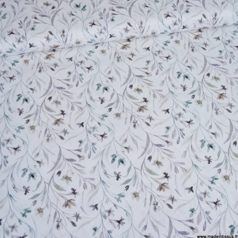 Tissu cretonne coton Ondaline feuillage gris et prune - OEKO TEX
