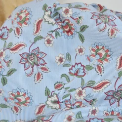 Tissu cretonne coton Panji fleurs et rayures ecru et bleu - OEKO TEX