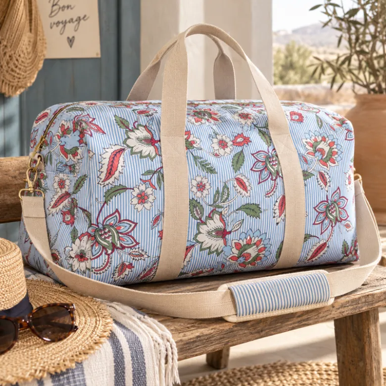 Tissu cretonne coton Panji fleurs et rayures ecru et bleu - OEKO TEX