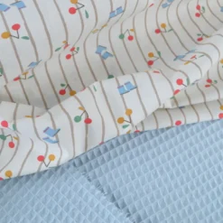 Tissu cretonne coton Patati motif cerises et bottes fond à rayures - OEKO TEX