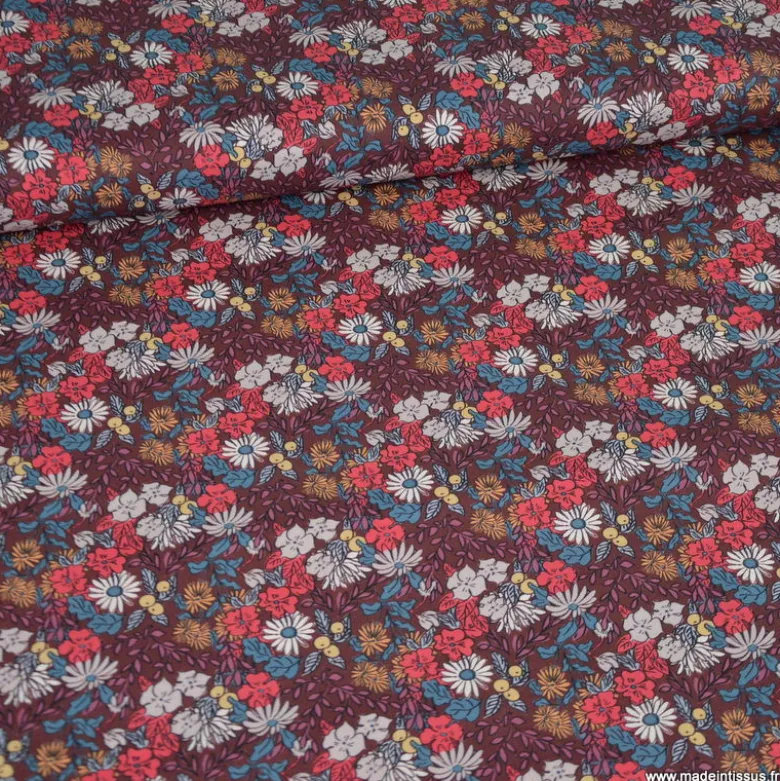 Tissu cretonne coton Seasons fleurs rouge fond chocolat - OEKO TEX