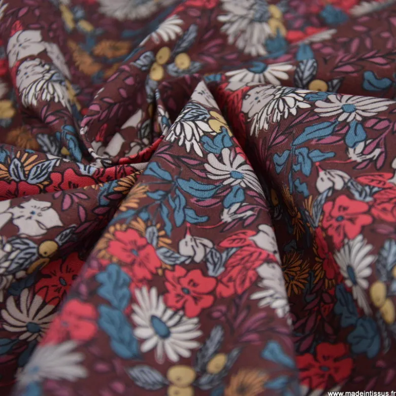 Tissu cretonne coton Seasons fleurs rouge fond chocolat - OEKO TEX