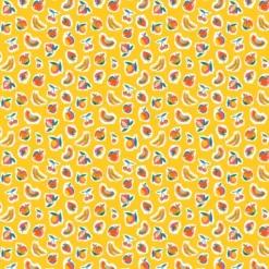 Tissu Cretonne Coton Sirop – Motif Fruits Multicolores sur Fond jaune