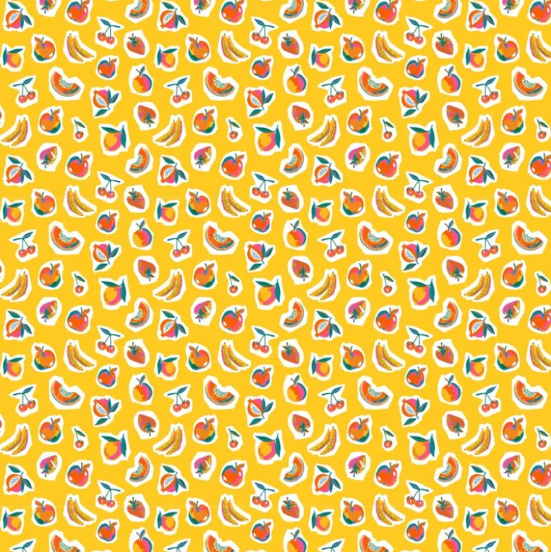Tissu Cretonne Coton Sirop – Motif Fruits Multicolores sur Fond jaune