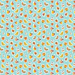 Tissu Cretonne Coton Sirop – Motif Fruits Multicolores sur Fond Turquoise