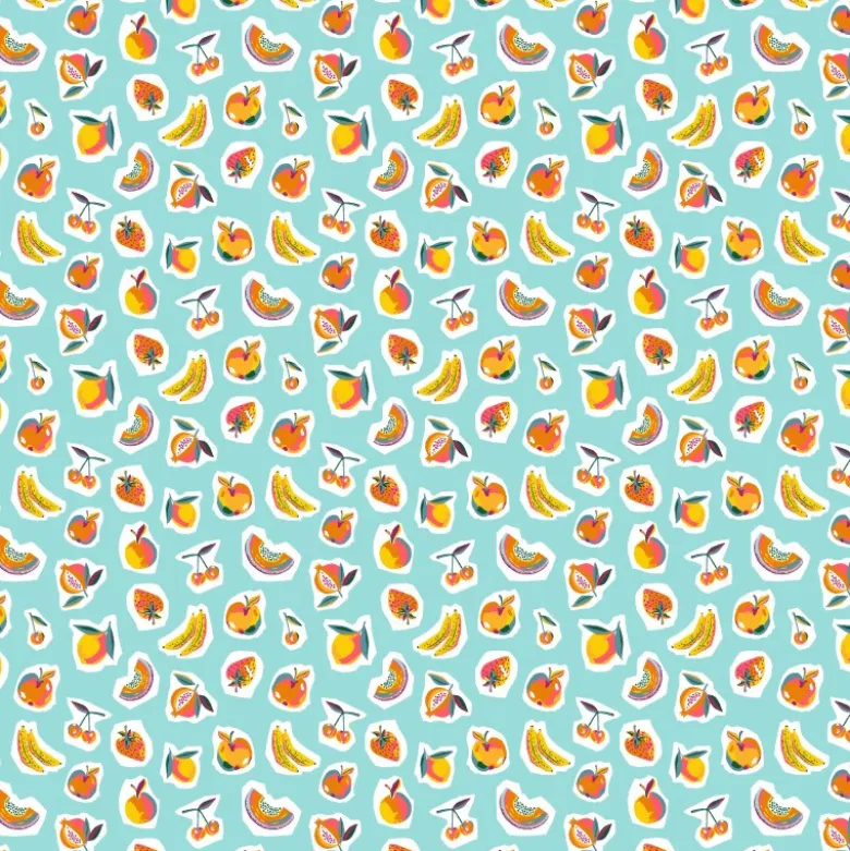 Tissu Cretonne Coton Sirop – Motif Fruits Multicolores sur Fond Turquoise