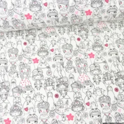 Tissu cretonne coton Stephanie motifs princesses et fées fond blanc