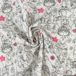 Tissu cretonne coton Stephanie motifs princesses et fées fond blanc