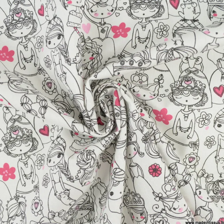 Tissu cretonne coton Stephanie motifs princesses et fées fond blanc