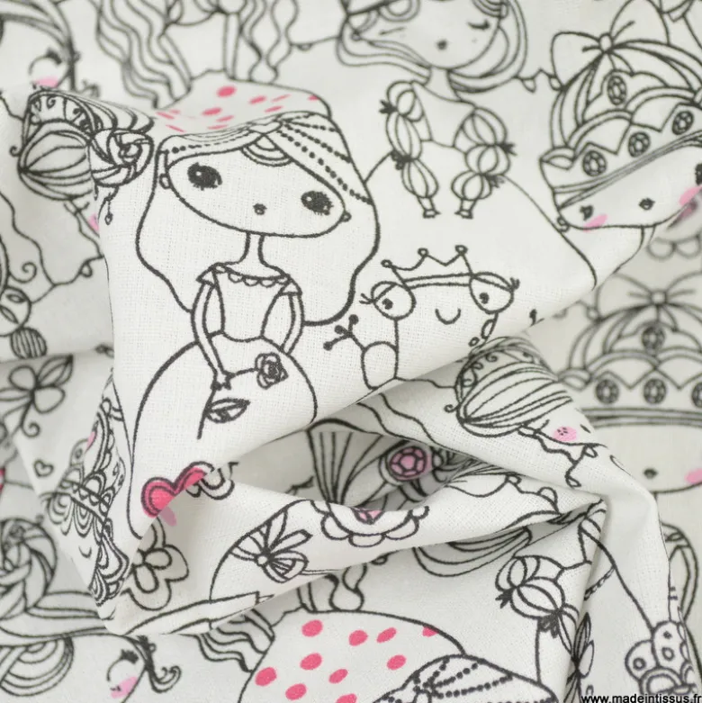 Tissu cretonne coton Stephanie motifs princesses et fées fond blanc