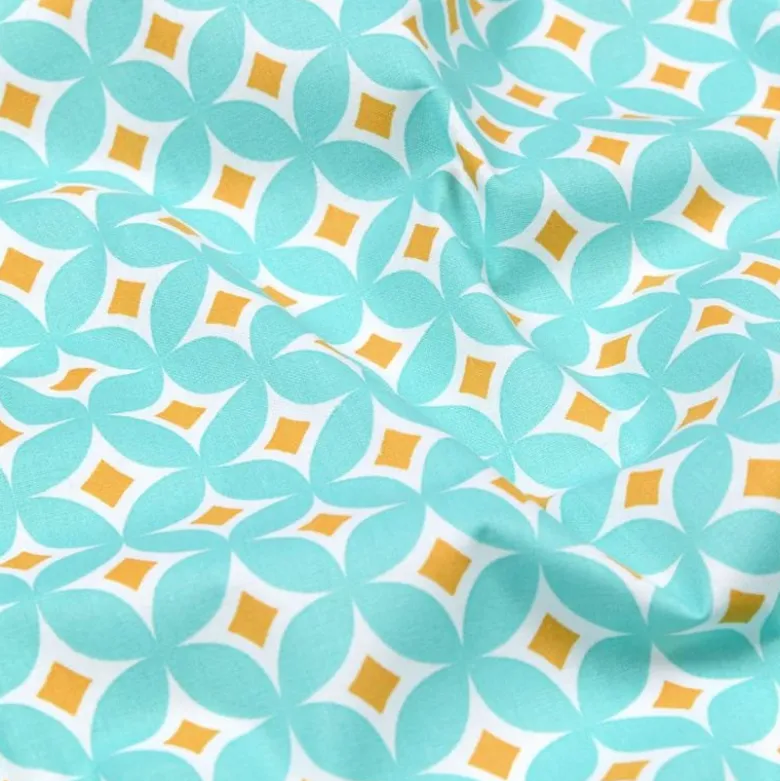 Tissu cretonne coton Steven motifs rosaces turquoise - OEKO TEX