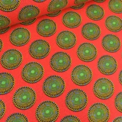 Tissu cretonne coton style wax rouge – Motif rond africain