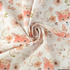 Tissu cretonne coton Tabatha motifs renards roux et fleurs - OEKO TEX