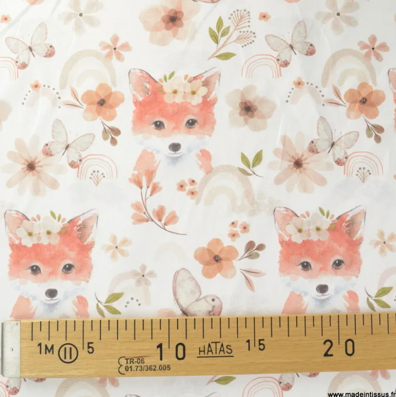 Tissu cretonne coton Tabatha motifs renards roux et fleurs - OEKO TEX