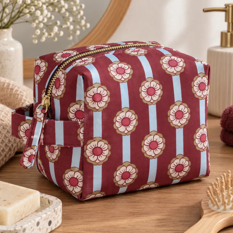 Tissu cretonne coton Tolina fleurs et rayures bordeaux et bleu - OEKO TEX