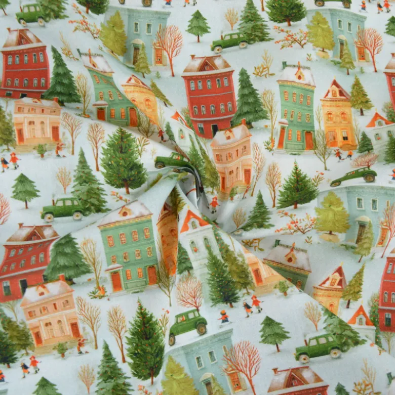 Tissu cretonne coton village de Noël enneigé – Vert et rouge