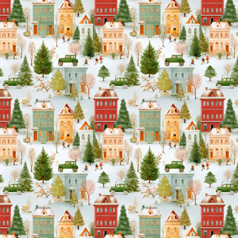 Tissu cretonne coton village de Noël enneigé – Vert et rouge