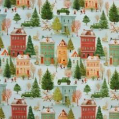 Tissu cretonne coton village de Noël enneigé – Vert et rouge