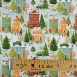 Tissu cretonne coton village de Noël enneigé – Vert et rouge