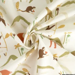 Tissu cretonne coton Zambia motif animaux de la jungle fond blanc cassé-OEKO TEX