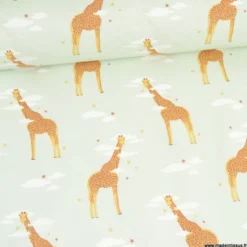 Tissu cretonne coton Zefira motif girafes fond menthe -OEKO TEX