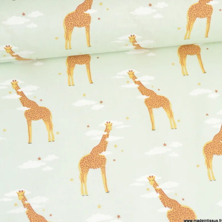 Tissu cretonne coton Zefira motif girafes fond menthe -OEKO TEX