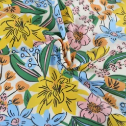 Tissu Cretonne de Coton Camilou - Motif Fleurs Jaunes, Camel et Bleu