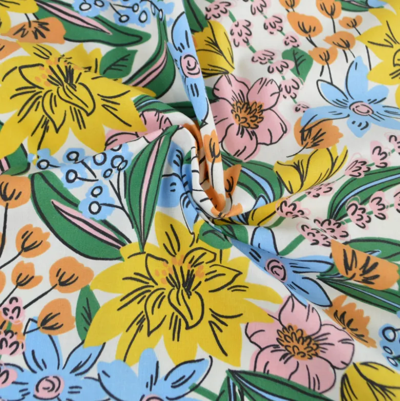 Tissu Cretonne de Coton Camilou - Motif Fleurs Jaunes, Camel et Bleu