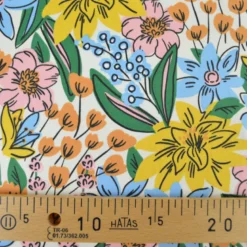 Tissu Cretonne de Coton Camilou - Motif Fleurs Jaunes, Camel et Bleu