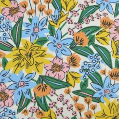 Tissu Cretonne de Coton Camilou - Motif Fleurs Jaunes, Camel et Bleu