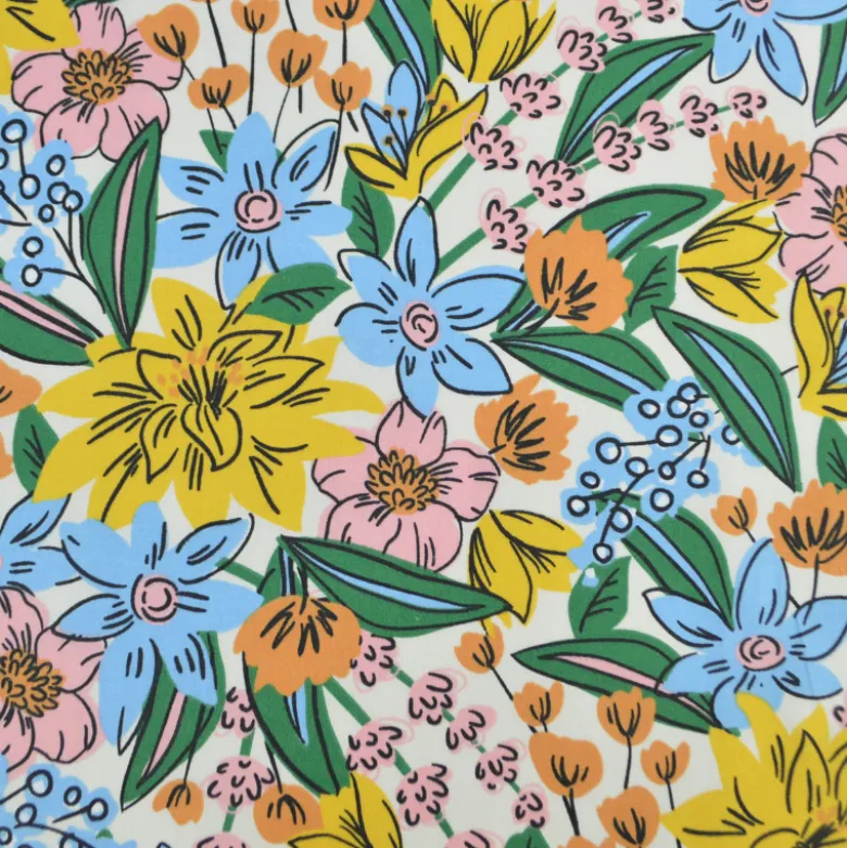 Tissu Cretonne de Coton Camilou - Motif Fleurs Jaunes, Camel et Bleu