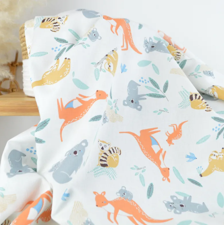 Tissu Cretonne de Coton Kangoa - Motif Kangourous & Fleurs