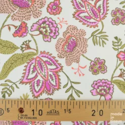 Tissu Cretonne de Coton Khonoma - Motif Fleurs Roses et Paisley Fond Écru