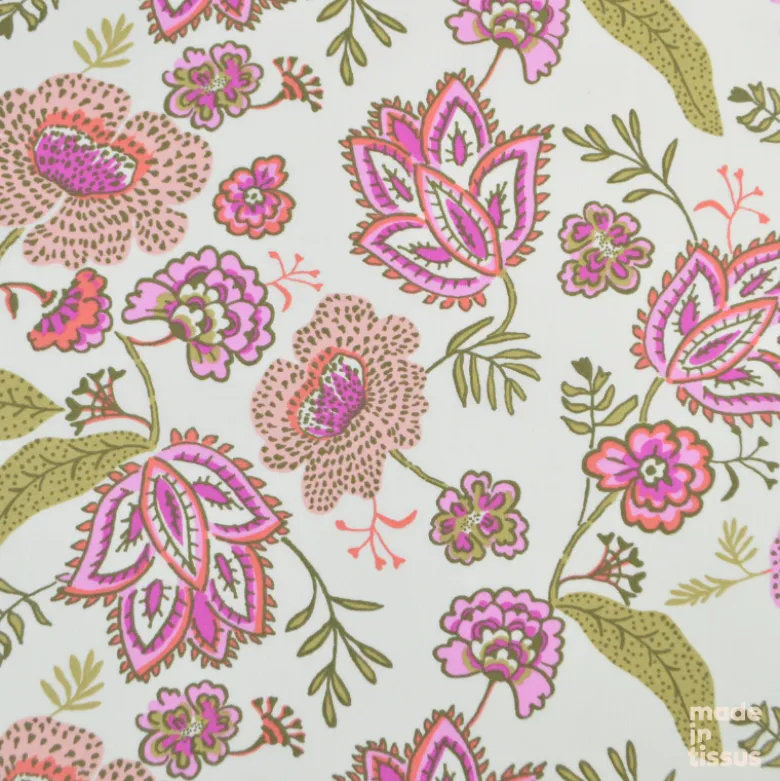 Tissu Cretonne de Coton Khonoma - Motif Fleurs Roses et Paisley Fond Écru