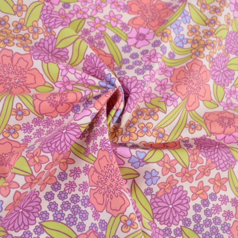 Tissu Cretonne de Coton Myrta - Motif Floral Violet, Rose et Orangé