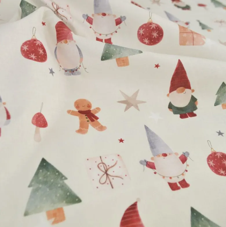 Tissu cretonne de coton Noël – gnomes, sapins et étoiles écru/rouge
