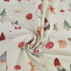 Tissu cretonne de coton Noël – gnomes, sapins et étoiles écru/rouge