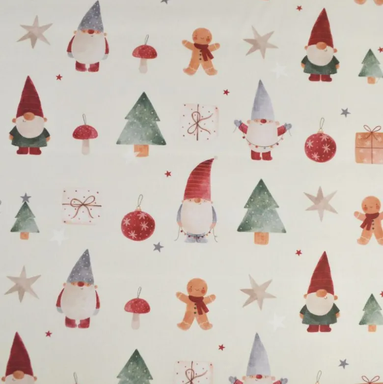 Tissu cretonne de coton Noël – gnomes, sapins et étoiles écru/rouge