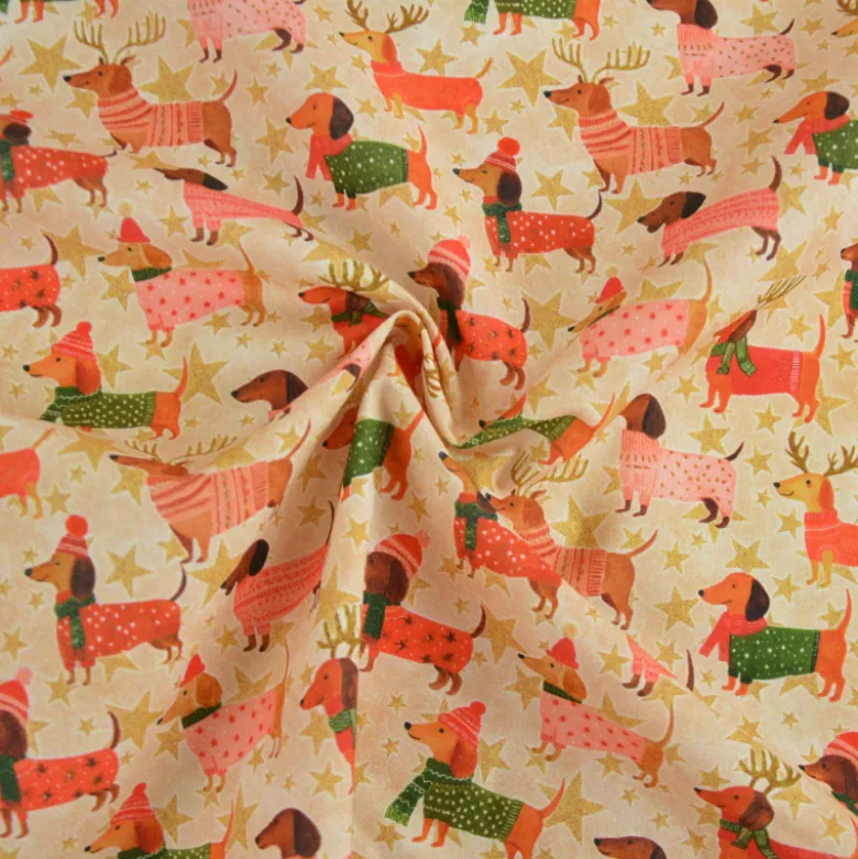Tissu cretonne de coton Noël – Teckels et étoiles