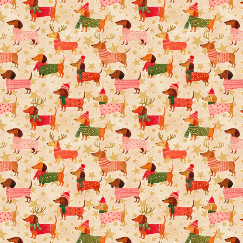 Tissu cretonne de coton Noël – Teckels et étoiles