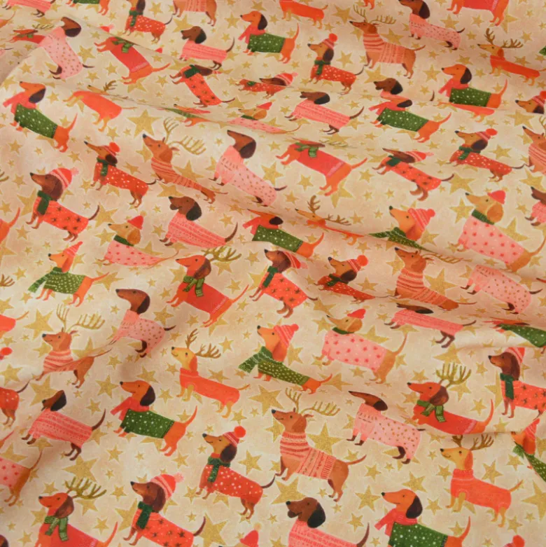 Tissu cretonne de coton Noël – Teckels et étoiles