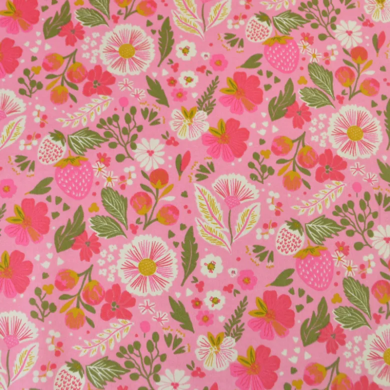 Tissu Cretonne de Coton Ostache - Motif Fleurs & Fraises Rose Fuchsia