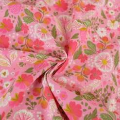 Tissu Cretonne de Coton Ostache - Motif Fleurs & Fraises Rose Fuchsia