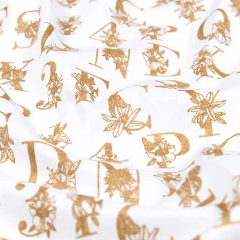 Tissu cretonne Effet broderie lettres Alphabétiques Or fond blanc - oeko tex