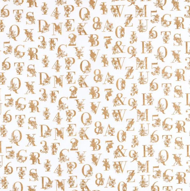 Tissu cretonne Effet broderie lettres Alphabétiques Or fond blanc - oeko tex