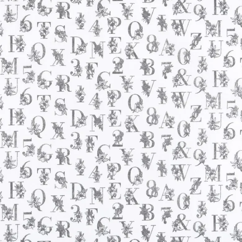 Tissu cretonne Effet broderie lettres Alphabétiques grises fond blanc - oeko tex