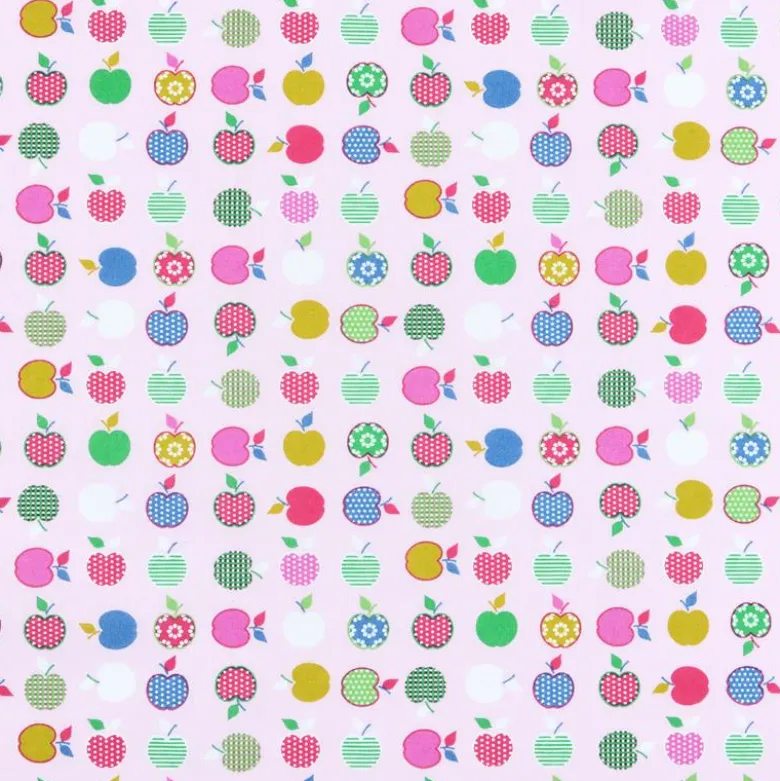 Tissu cretonne Granny motif pommes fond rose - oeko tex