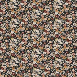 Tissu crêpe de viscose fleuri brique et vert – Fond noir