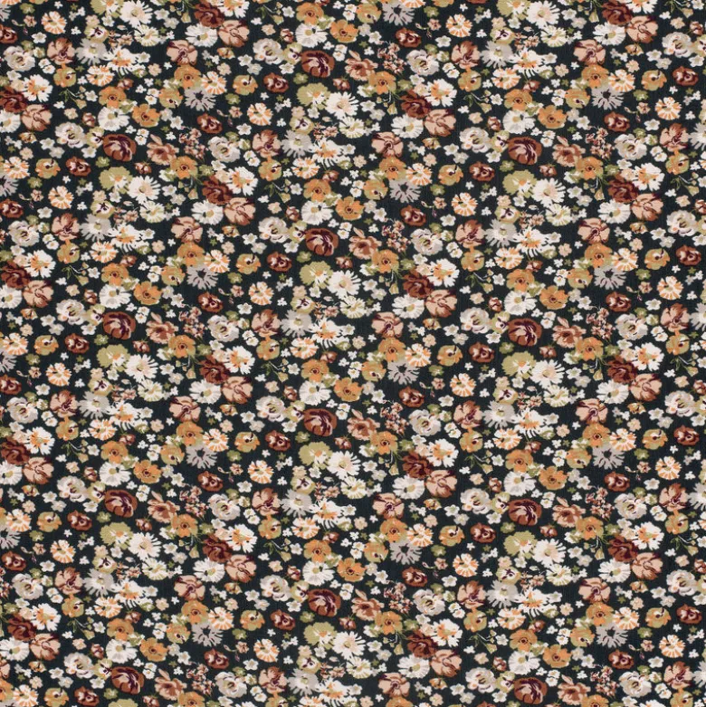 Tissu crêpe de viscose fleuri brique et vert – Fond noir